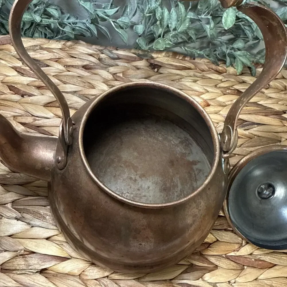 B&M Portugal Copper Tea Kettle Wood Handle Lidded Tin Lined 7” Farmhouse Vtg
